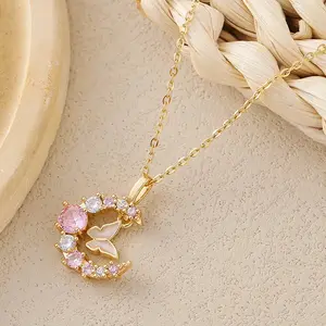 Pink Butterfly Moon Necklace with Sparkling Crescent & Pink Crystals Elegant Gold-Tone Chain Perfect for Daily Wear & Gifting Trending Gift for Her