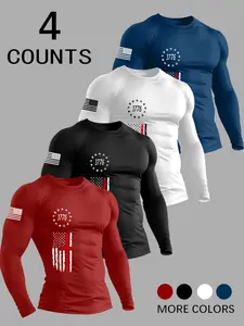 Men's Round Neck Long Sleeve T-Shirt, Flag Print Design, Graphic, Outdoor Casual Style, Soft Polyester Knit, Fitted Comfortable Fit