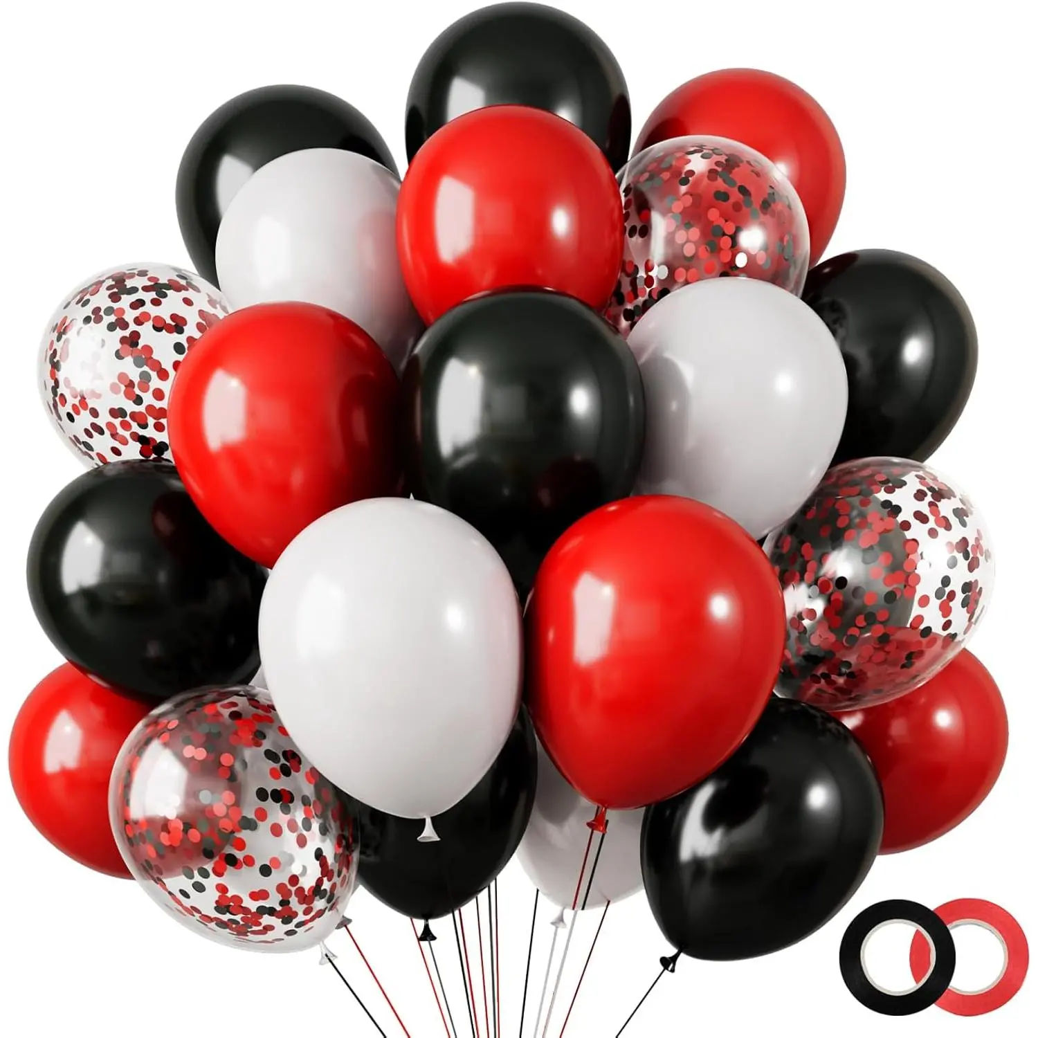 80Pcs 12in Rubber Balloons Set - Balloons Assorted Colors (Red, Black, White) with Ribbons for Birthday, Wedding Decorations