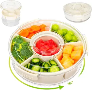 1 piece of a rotating snack tray with lid, ideal for storing candies, fruits, nuts, and dried fruits. This round compartmentalized platter is perfect for use in the living room, at parties, or during weddings. meal prep containers