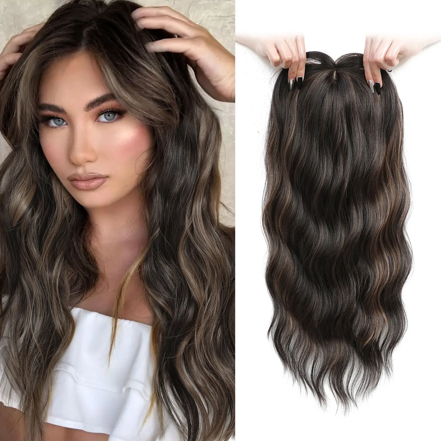 20in Wavy Synthetic Hair Topper with Fringe Bangs for Volume FINE PLUS Hair Topper for Women 20inch Wavy Hair Toppers for  main image 4