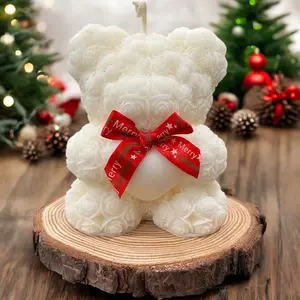 Bear Candle for Festive Home Decor and Ornaments - Perfect Addition to Your Collection Scent Jasmine Aromatic Wax Rose Bear with Christmas Bow Gift for Any Occasion