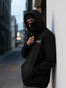 Men's black Arabic "صبر (Patience)" balaclava zip-up hoodie, with a full-face mask, loose, avant-garde street-style top, a daily wear item for lovers of culture and dark aesthetics, a choice for style expression