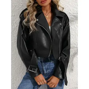 Women'S Elegant Motorcycle Jacket - Black Zipper Front, Long Sleeve with Adjustable Waist Belt, Loose Fit Casual Outerwear for Spring/Fall, Motorcycle Riding Gear Can be used with a raincoat