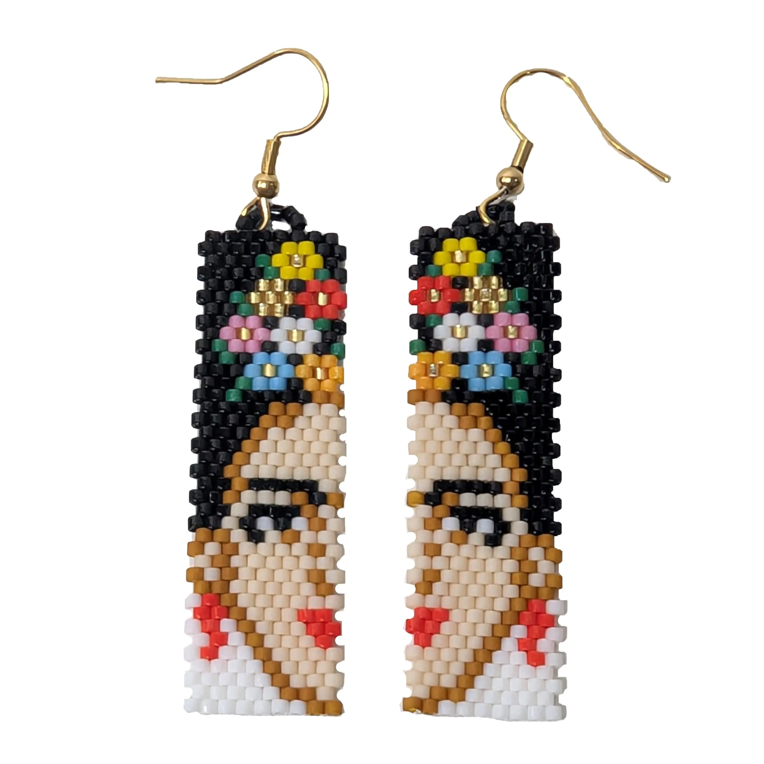 Frida-Inspired Beaded Mexican Folkloric Dangle Earrings, Floral Crown Design, Artisan Statement Jewelry, Boho Chic Earrings