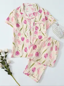 Women's Two-Piece Floral Pajama Set, Casual Comfortable Lapel Pocket Shirt Short Sleeve + Elastic Waist Home Pants, All-Season Sleepwear
