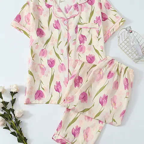 Women's Two-Piece Floral Pajama Set, Casual Comfortable Lapel Pocket Shirt Short Sleeve + Elastic Waist Home Pants, All-Season Sleepwear