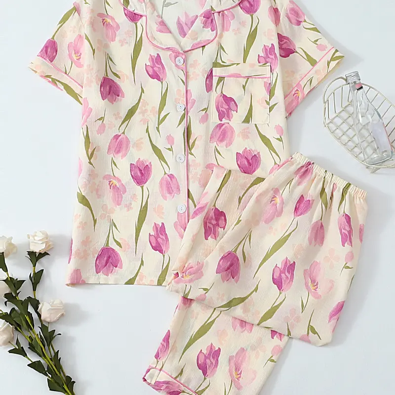 Women's Two-Piece Floral Pajama Set, Casual Comfortable Lapel Pocket Shirt Short Sleeve + Elastic Waist Home Pants, All-Season Sleepwear