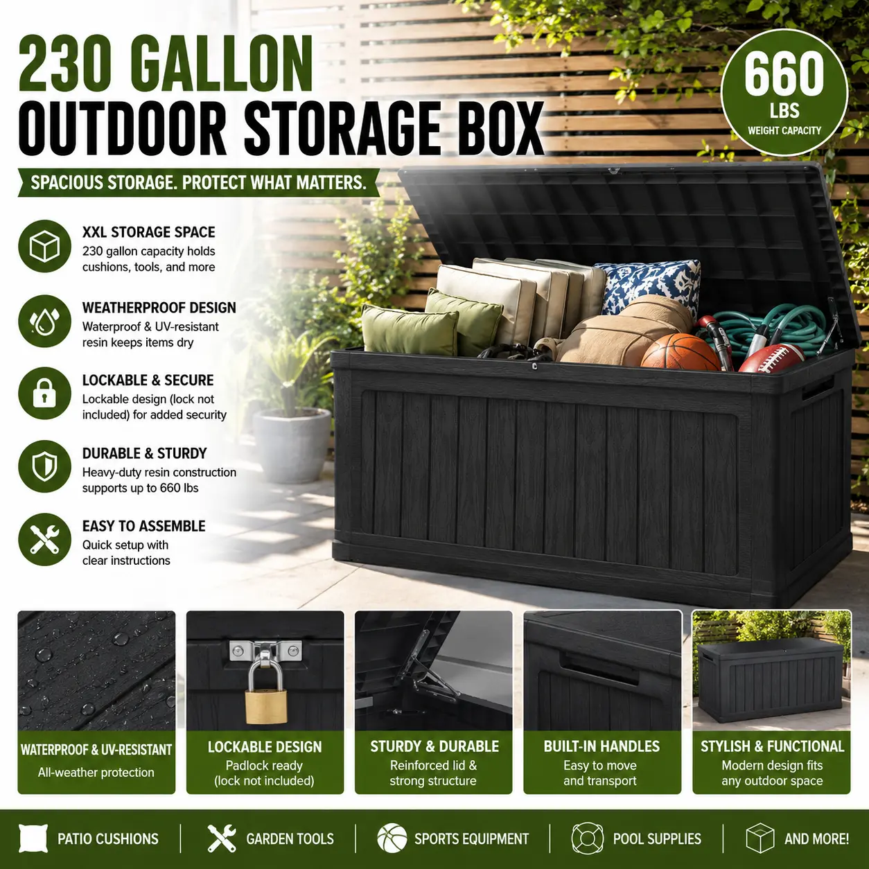 Huge 230 Gallon Outdoor Storage Box, Waterproof Resin Deck Box for Patio Cushions, Pool Toys & Backyard Organization