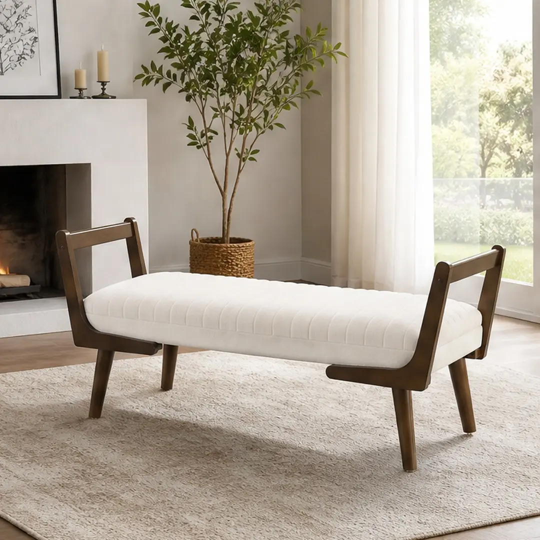 ARCH 52 in Mid-Century Modern Bench - Walnut Wood Legs, Channel Tufted Chenille Fabric Upholstery, Foam Padded, 2-3 Seats, Beige/Cognac, 20.00in W x 52.00in D x 20.50in H, 27.00lb, Assembly Required, Comfortable Seating for Living Room, Entryway, Furnitur