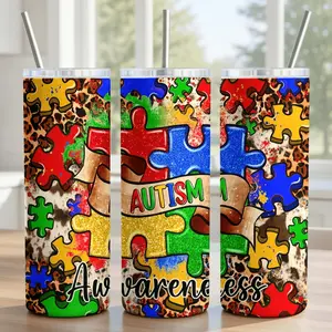 One 20Oz Tumbler Featuring an Autism Awareness Design Adorned with Vibrant Puzzle Pieces And a Leopard Print Backdrop, Making It an Ideal Present for Supporters, Friends, And Family on World Autism Awareness Day, Birthdays, Or Any Special Event