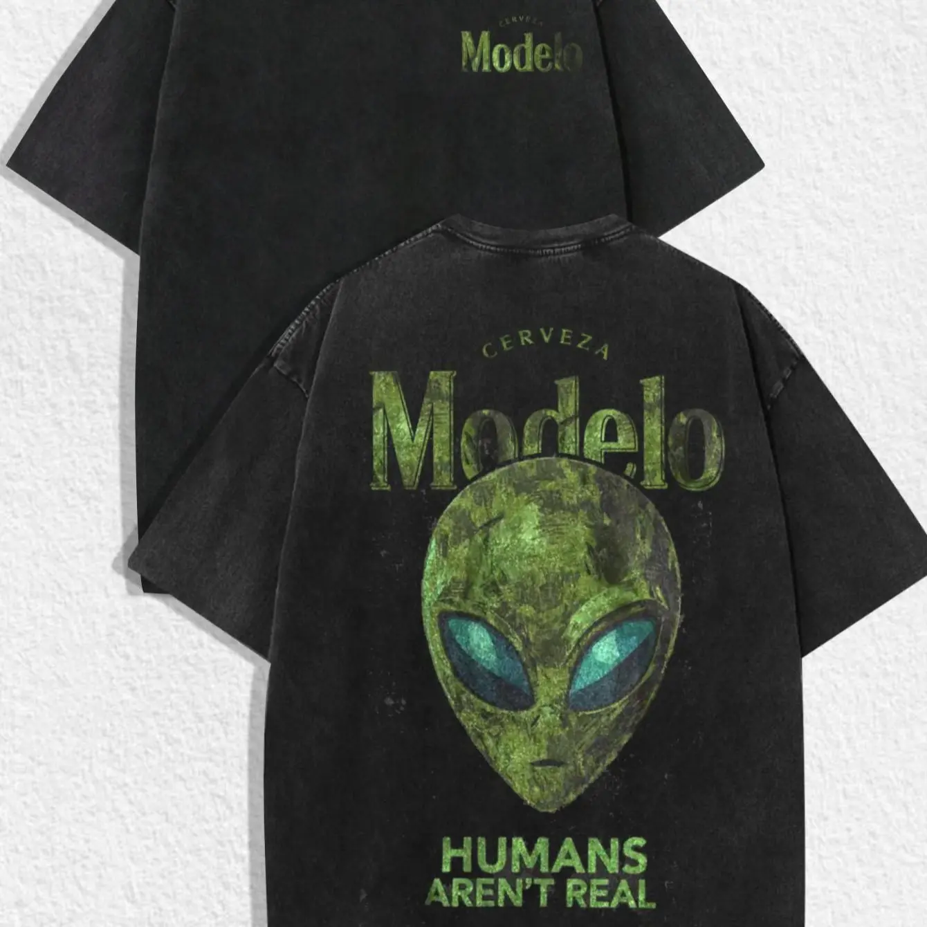 1 PCS Retro Washed Black Short Sleeve T-Shirt, Front Mini "Modelo" Print + Back Alien Head "Humans Aren't Real" Graphic, Sci-Fi Streetwear Style,   Unisex  Tee, Casual Hangouts, Great Gift for Sci-Fi Fans
