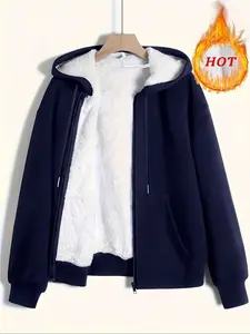 Women's Casual Loose Solid Color Jacket with Drawstring Hoodie, Long Sleeve Zipper Design, Fall & Winter Warm Outerwear