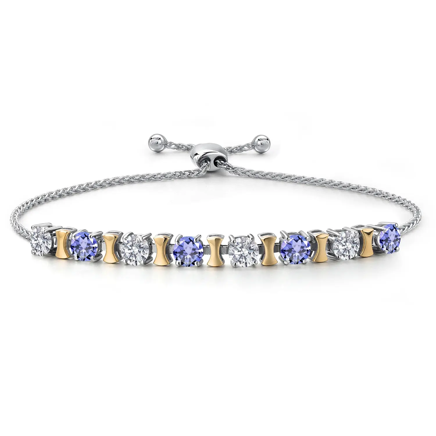 925 Silver and 10K Yellow Gold Lab Grown Diamond and Blue Tanzanite Bracelet For Women | 2.28 Cttw | Gemstone April Birthstone | Round 4MM | Adjustable up to 9 Inch