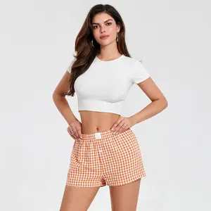 Women's Summer Plaid Pajama Shorts Elastic Band Wide Leg Loose Fit Lounge Shorts