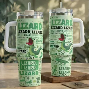 Cute Green Lizard 40oz Insulated Tumbler With Handle and Straw, Funny Reptile Lover Travel Mug, Cartoon Lizard Cup, Large Capacity Stainless Steel Tumbler, Double Wall Vacuum Insulated Drink Cup, Gift for Lizard Lovers