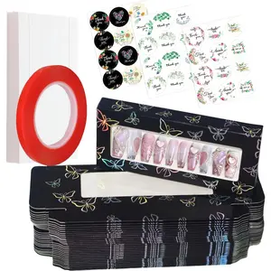 74PCS Press on Nails Packaging Box Set Includes 35PCS Empty Nail Package Box 35PCS White Background Paper 1 Double Sided Tape and 3 Thank You Stickers for Press on Nail Business