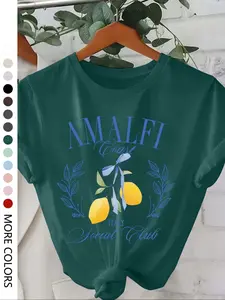 Women's Lemon Pattern Printed Round Neck T-Shirt, Casual Fashion Top for Daily Outdoor Vacations, Loose-Fitting Summer Graphic Tee