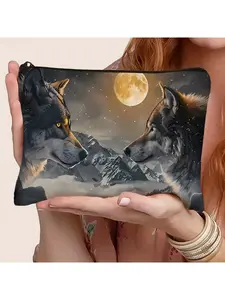 1pc Moonlit Night Double Wolf Picture Makeup Bag, Multi-scene Application, Travel Wash Storage Bag, Suitable for Daily Use or Travel, Suitable for Gift Giving, Suitable for Manicurist, Perfect Birthday Gift