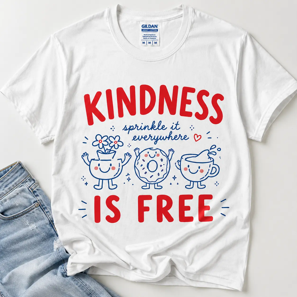 Women's Fitted Short-Sleeve Round Neck Casual Kindness Is Free Shirt, Funny Sprinkled Doughnut Empathy Casual Clothes Tee, Shortsleeve, Lace Top Streetwear Tshirt