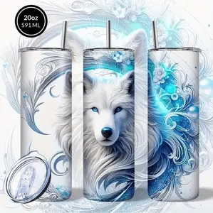 Majestic White Wolf Floral Design Stainless Steel Tumbler With Lid And Straw Double Walled Vacuum Insulation For Hot And Cold Beverages Icy Blue Accents Ideal Holiday Gift For Christmas Thanksgiving Halloween Birthday