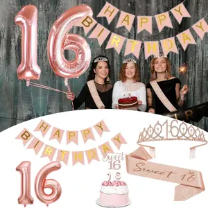 Sweet 16 Birthday Decorations for Girls Happy 16th Birthday Banner Cake Topper Balloons Sash and Tiara Rose Golden 16 Birthday Party Supplies for Girls
