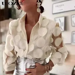 Long Sleeves Loose Buttoned Mesh Polka-Dot Split-Joint Lapel Blouses&Shirts Tops Casual Womenswear Summer Elegant