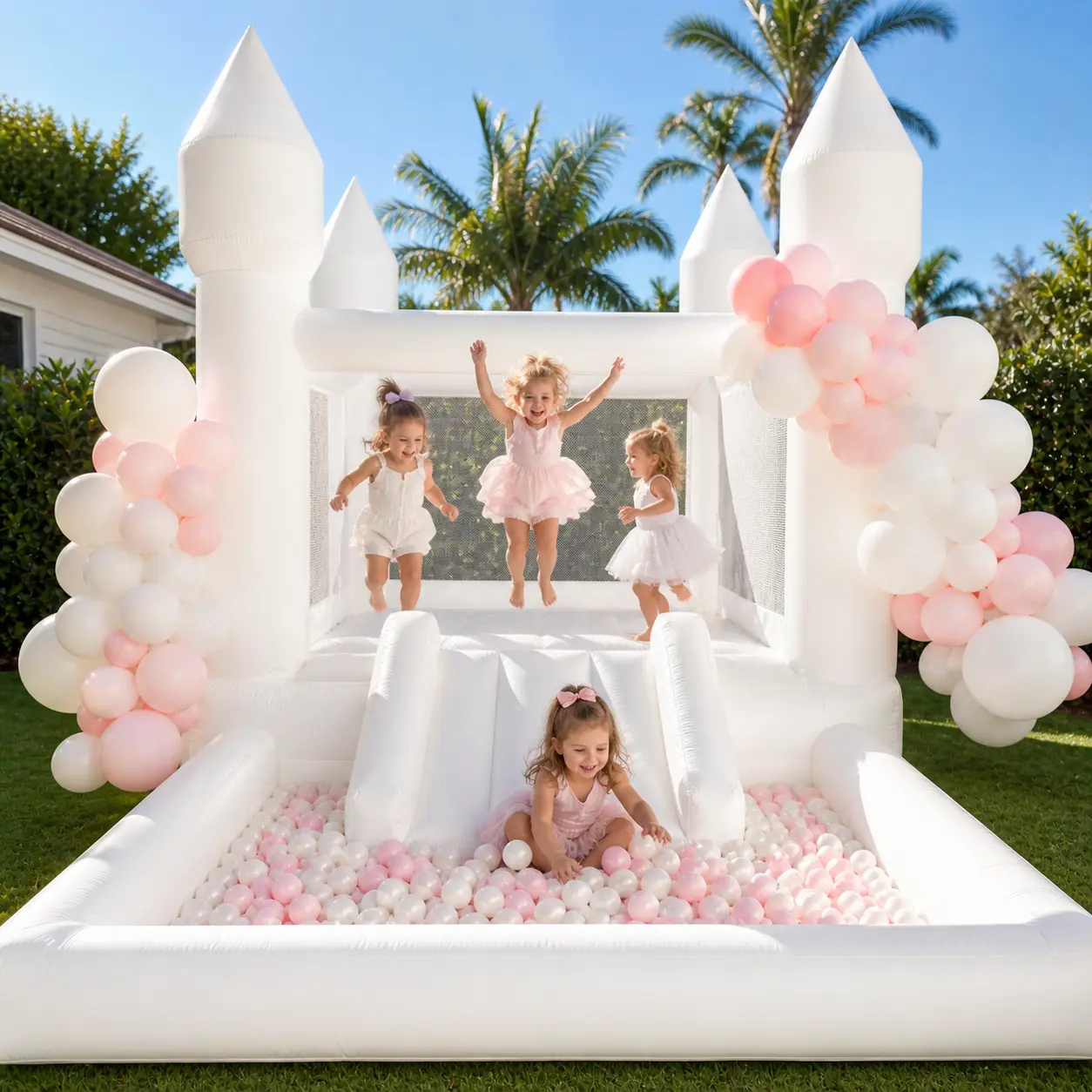 White Oxford Grade Inflatable Bouncy House Jumping Castle With Slides Blower For Backyard Kids Birthday Party Wedding Decoration Events Summer Outdoor