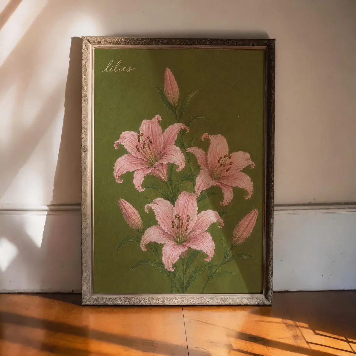 Pink Lily Botanical Print Poster [Unframed], Vintage Floral Wall Art, Olive Green Cottagecore Decor, Elegant Flower Art