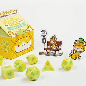1985 Games Pineapple Kawaii Cat Dice Set 1-Pack | 7-Piece Acrylic Milk Carton-Inspired Polyhedral RPG Dice with Sticker & Enamel Pin – Compatible with D&D, Pathfinder, MTG & Tabletop Role-Playing Games