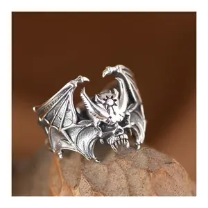 Buyee 925 Sterling Silver Male Big Ring Finger Elegant Gary Bat Open Ring for Woman Men Unique Fashion Fine Jewelry Circle