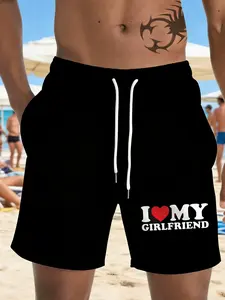 Men's Summer I Love My Girlfriend Printed Casual Beach Shorts, Swimwear Shorts, Quick-Dry Swim Trunks, Loose-Fitting All over Print