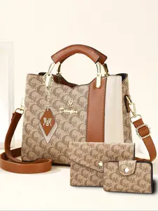 Women's Colorblock Fashion Handbag Set, Trendy Print Large Capacity Shoulder Crossbody Bag, Three-Piece Ladies' Bag Set