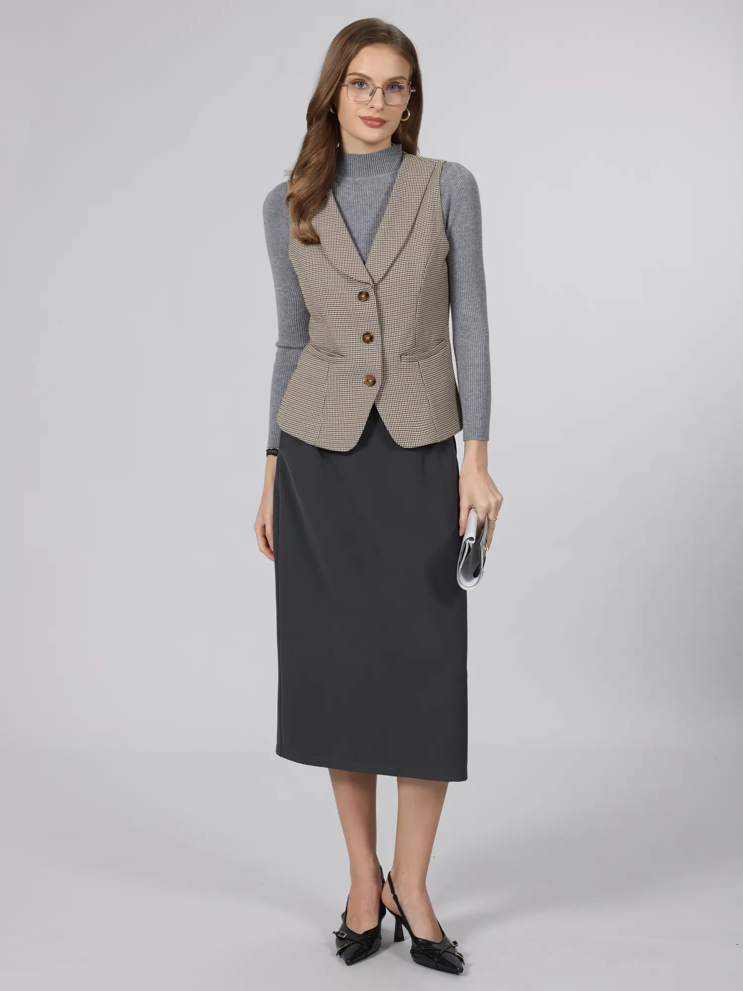 INSPIRE CHIC Women's Plaid Vest Top Business Casual Lapel Collar Houndstooth Button Waistcoat with Pockets