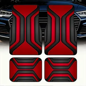 Car Floor Mats /2Dflat, 4pcs Set with Geometric Abstract Design, Bold Red & Black Color Scheme, Made of, Modern & Sleek Look, Suitable for Car Interiors