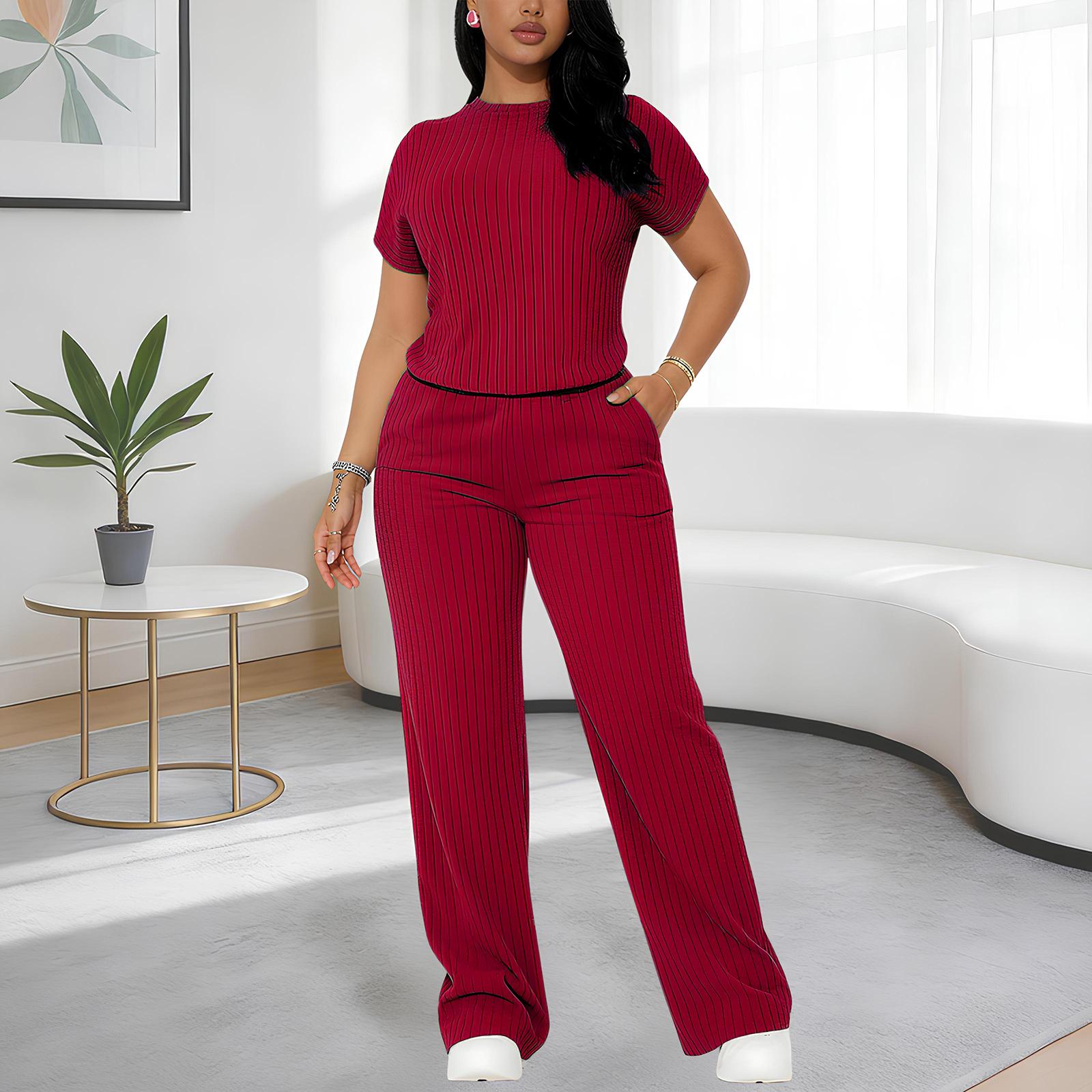 Women's Premium Ribbed Knit Co-ord Set for Spring & Summer – Short Sleeve Crew Neck Top & Straight Leg Trousers – Elegant Loungewear for Work from Home & Weekend Outings Women's Premium Ribbed Knit Co-ord Set for Spring & Summer – Short Sleeve Crew Neck Top & Straight Leg Trousers – Elegant Loungewear for Work from Home & Weekend Outings