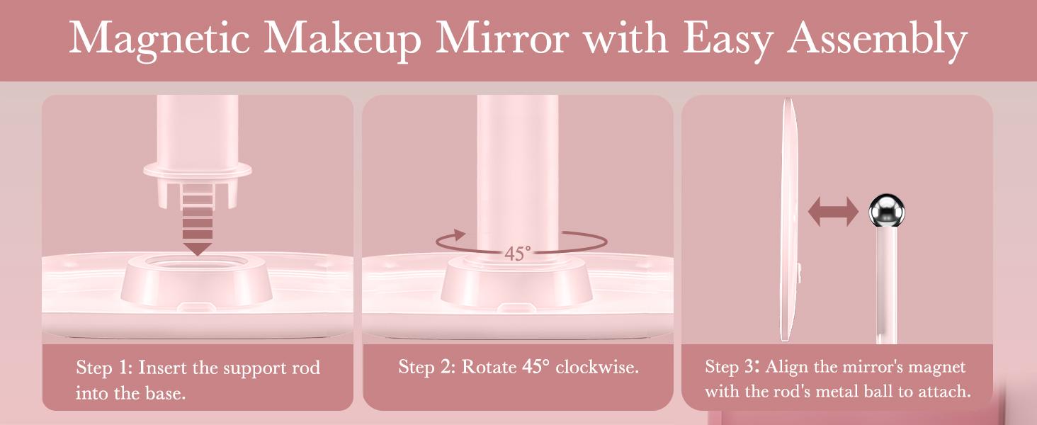 Amifiy Lighted Makeup Mirror — 4-in-1 Rechargeable Magnetic Beauty Mirror, 360° Free Rotation (Pink), 3 Color Modes & Adjustable Brightness, Detachable Design, Portable Lighted Makeup Mirror for Desktop & Travel Use