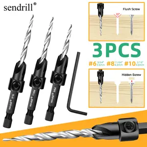 SENDRILL 3Pcs Wood Countersink Drill Bit Set #6#8#10 HSS M2 Tapered Drill Bits with Quick Change 1/4" Hex Shank, Allen Wrench - Countersink Drill Bit for Woodworking, Pilot Screw Hole Set