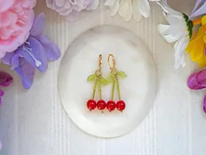 Stainless Steel Beaded Glass Cherry Earrings 18K Gold-Plated Lever Back Hooks Lightweight Dangle for Sensitive Ears Summer Festivals & Fruit-Themed Outfits