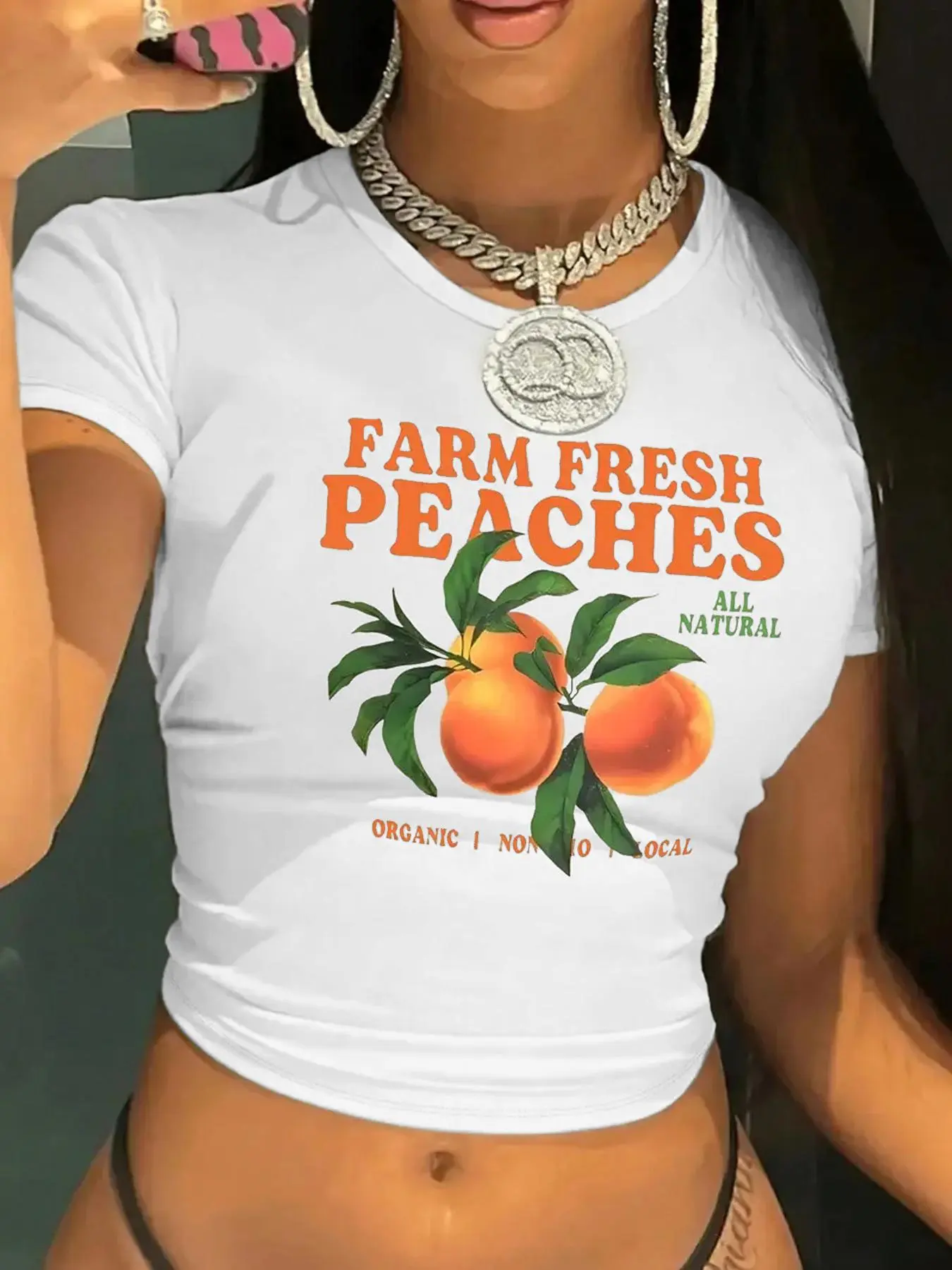 Women's Peach & Letter Print Round Neck Tee, Casual Short Sleeve Crew Neck T-shirt for Summer, Fashion Women's Top for Casual Everyday Wear