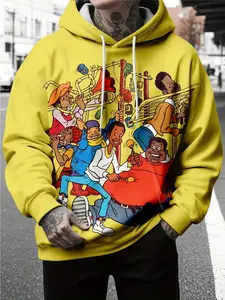 High QualityClearance 3D Printed Men's Hooded Drop Shoulder Novelty Long Sleeve Sweatshirt with Cartoon Pattern, Fashionable StreetwearLeisure and Fashion