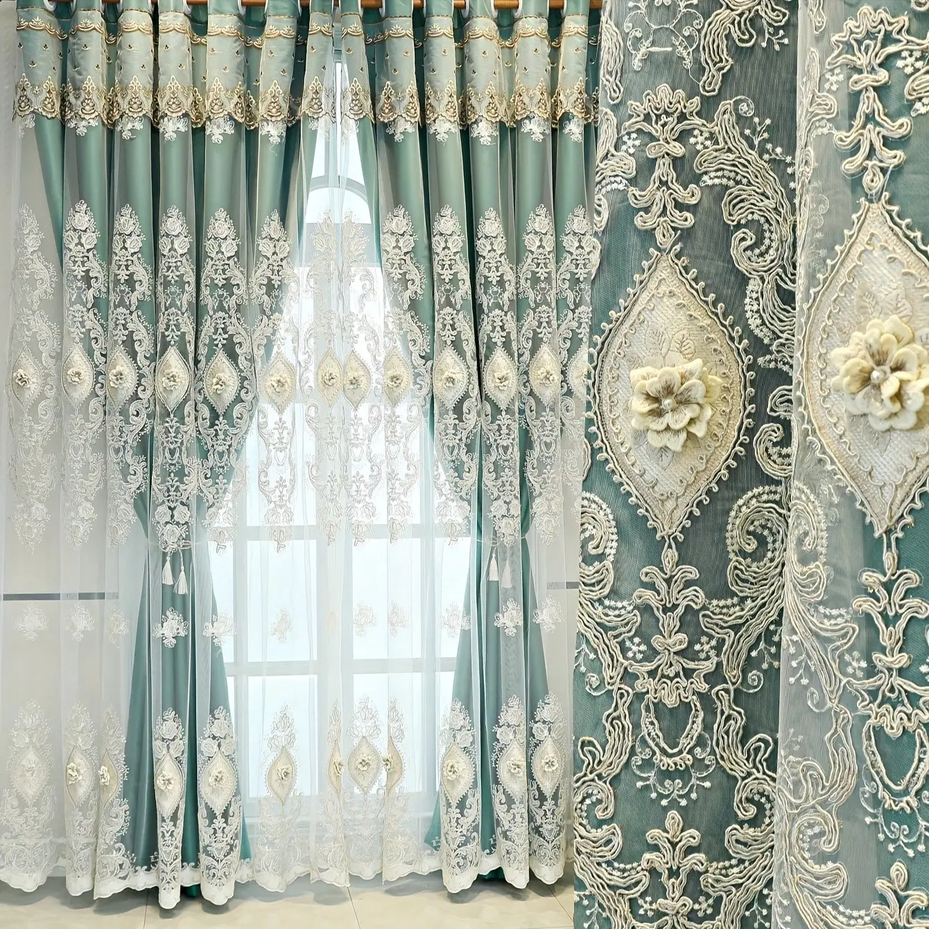 Embroidered Curtain, European Style Thick Layered Blackout Curtains, New Effectively Blocks Out Sunlight Luxurious Finished Bedroom Drapes