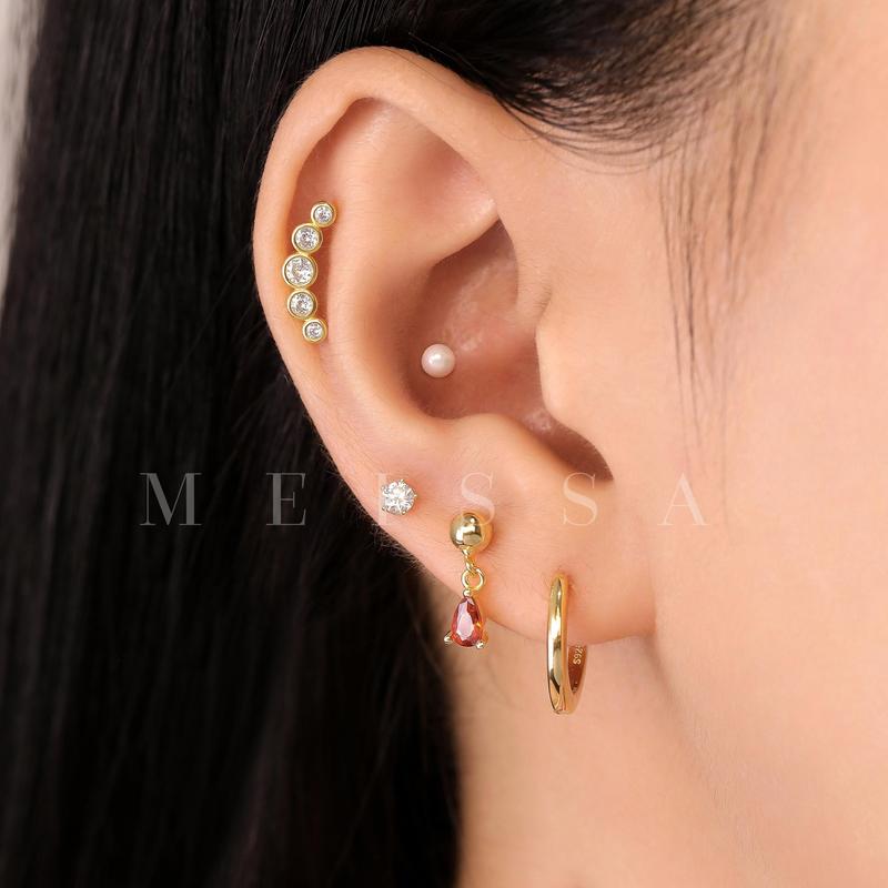 Radiant Cascade Screw Back Earrings, S925 Silver & Gold Dainty Bling Tiny Five CZ 20g Tragus Studs Conch Cartilage Helix 20 Gauge Ball Back Earrings Second Multi Piercings Stackable Hypoallergenic Comfort Sleep On Jewelry Gift Her Women Christmas Birthday