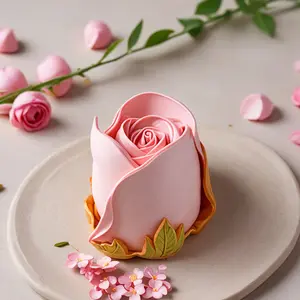 Elegant 5-piece rose silicone mold with layered petal and leaf base - suitable for DIY soap, candle, resin, clay - reusable mold for Valentine's Day, Mother's Day, birthday gifts, weddings, and home decor - pink and gold design, durable silicone mold