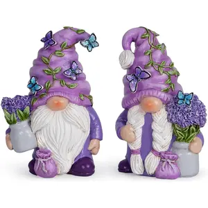 Hodao 2PCS Purple Lavender Butterfly Gnome Figurine Set for Yard, Lawn, Patio, Porch - Weatherproof Resin Garden Decoration - Outdoor Decor & Unique Gnome Gift for Women Exterior Decorative Statues
