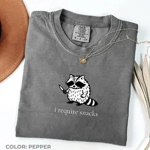 Comfort Colors I Require Snacks Raccoon Graphic Tee, Aesthetic Goblincore Spirit Shirt, Radiant Animal Lover Top, Thoughtful Snack Gremlin Heritage Apparel
