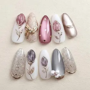 Elegant Floral Press On Nails, Soft Pink and Purple Flower Acrylic Set