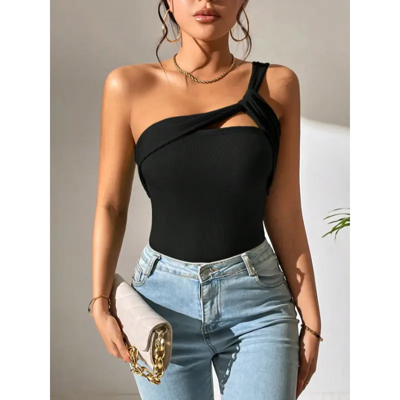 Rafferiza Two Tone One Shoulder Cut Out Bodysuit Tops Fit - TikTok
