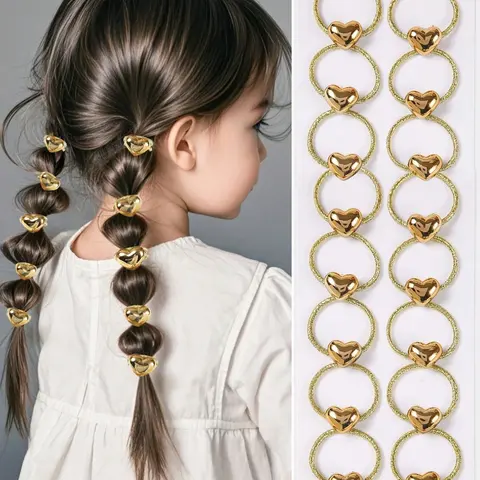 10pcs/Pack Mini Heart Shaped Metallic Elastic Hair Ties For Baby Girls, Cute Princess Style, Versatile, Gentle On Hair, Suitable For Daily Use, Hair Accessories Sets, Elastic Hair Accessory, Hairstyle Accessory, Infant Hair Accessories