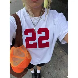 New Fashion Loose Fit Women Spring/Summer Casual Soft Round Neck Breathable Red Digit 22 Print Oversized T-Shirt-Premium Cotton Graphic Printed Round Neck T-Shirts-365T